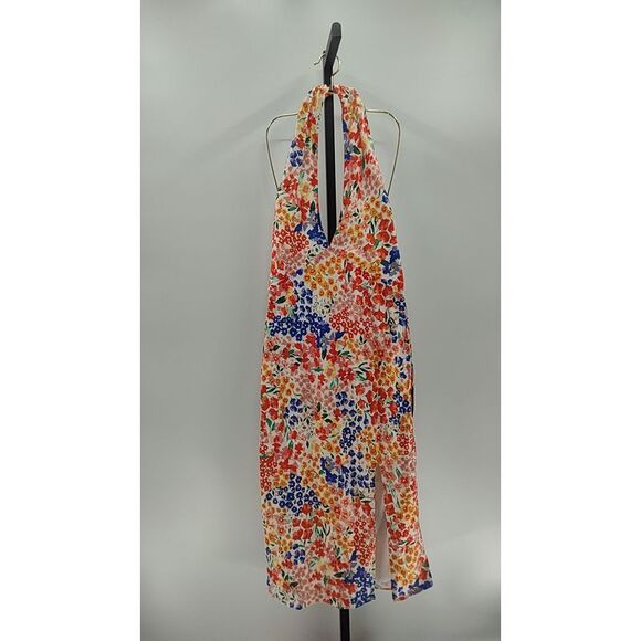 Lulus Dresses & Skirts - Lulus Women Orange Multi Floral Satin Halter Midi Basic Sleeved Dress L